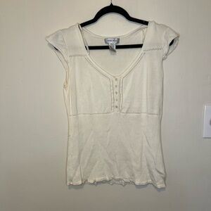 Nine West Cream Ribbed Henley Tank with Cap Sleeves